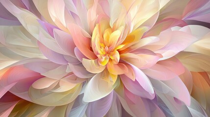 Fototapeta premium Abstract pastel flower blossom with soft, swirling petals in pink, peach, and yellow hues.