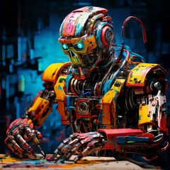 Fototapeta premium A futuristic humanoid robot with vibrant colors and intricate wiring, focused on a technological task in a high-tech lab. The glowing blue eyes and mechanical details create a dynamic sci-fi mood.. AI