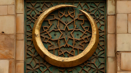 Obraz premium Golden Crescent and Teal Lattice Illustration