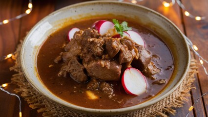 Delicious beef stew with radishes. The dish is served in a rustic ceramic bowl.
