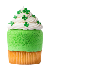 "St. Patrick’s Day Themed Green Cupcake with White Frosting and Shamrock Decorations"

