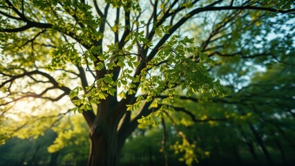 Fototapeta premium Sunlight filtering through vibrant, new spring leaves on a majestic tree in a tranquil forest
