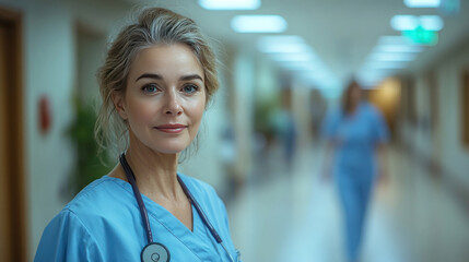 Fototapeta premium A nurse assisting an elderly patient in walking down a hospital hallway with kindness and care