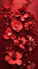 Red paper flowers arranged on red background.