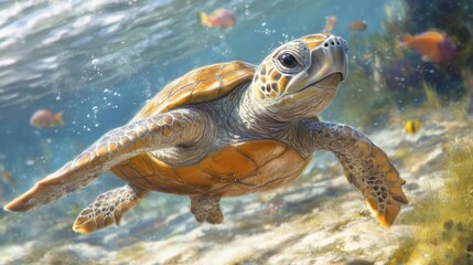 Obraz premium A young sea turtle swims gracefully underwater, surrounded by vibrant coral and tropical fish.