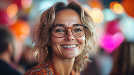 A retiree surrounded by balloons and banners, sharing laughs with coworkers at a farewell office party