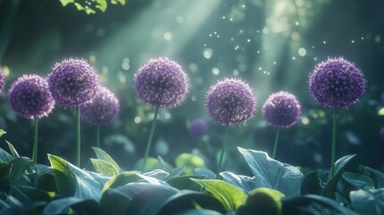 allium flowers in bloom, their spherical purple flowers creating an enchanting visual effect amidst the verdant leaves of a garden