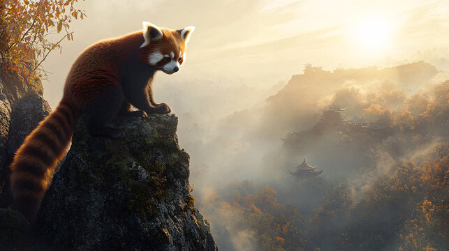 A red panda clambering up a lichen-speckled granite cliff, its bright fur contrasting against the cool, foggy landscape, with a distant sun casting a gentle glow. 
