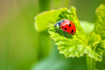 Fototapeta premium A detailed image of a ladybug on a green leaf, capturing the contrast between the bright colors of the insect and the fresh greenery of the leaf.