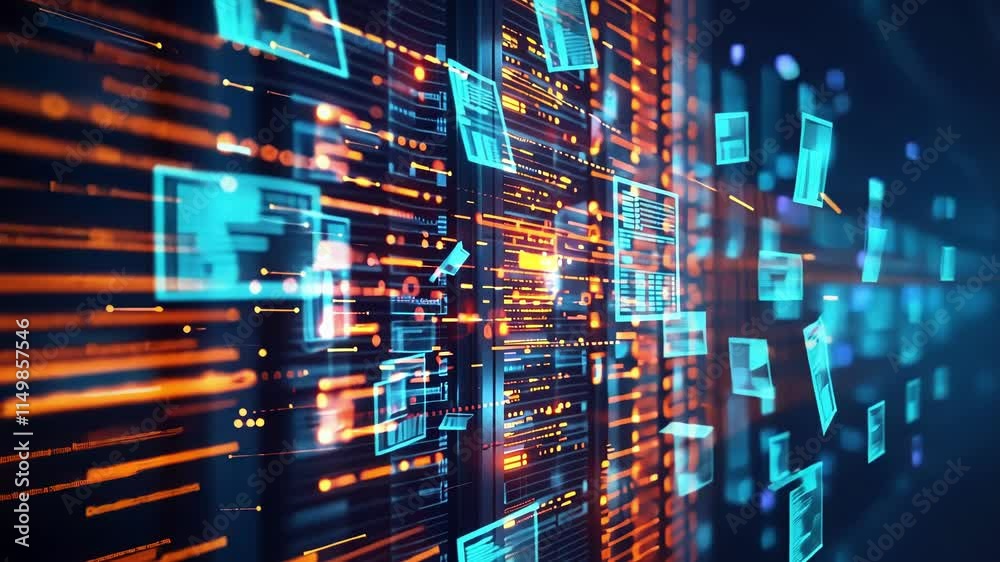 Aufkleber flowing complex data streams through a futuristic server room, illustrating a dynamic visualization 