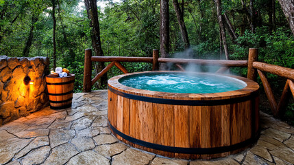 Fototapeta premium tranquil spa retreat featuring wooden hot tub surrounded by lush greenery. serene atmosphere invites relaxation and rejuvenation in nature embrace