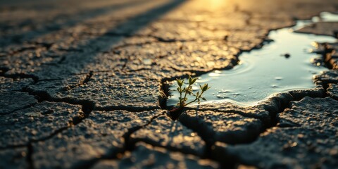 A resilient sprout emerges from cracked earth, finding life in a small pool of water during a golden hour sunset.