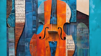 Abstract cello artwork made of colorful paper collage, music sheets, and paint.