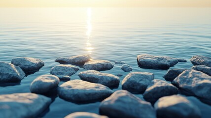 Obraz premium Serene water surface with sunlit rocks creating a tranquil scene.
