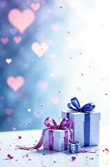 Vertical frame with gift boxes of different sizes, on a white table, on a white lilac purple background of hearts, with space for text on the left, banner, postcard.