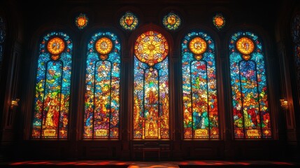 Obraz premium Stunning multicolored stained-glass church window.