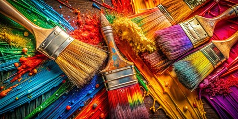 Fototapeta premium Close-Up Action Shot of Used Paint Brushes: Vibrant Hues, Texture, and Artistic Chaos