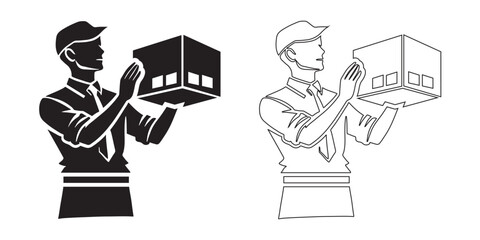 Delivery Person Holding Package - Black and White Silhouette
