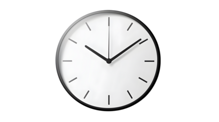 Sleek white wall clock with simple black hands and a minimalist design, ideal for modern interiors. Isolated on transparent background