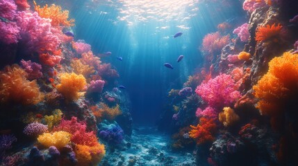 Obraz premium Vibrant coral reef, colorful fish, sunlit ocean.