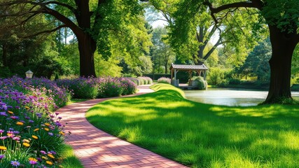 Fototapeta premium Serene Garden Path Winding by a Pond with a Gazebo