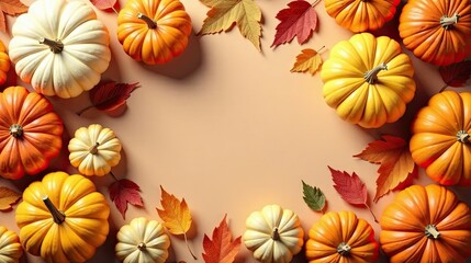 Autumnal Harvest Celebration  A Festive Arrangement of Pumpkins and Colorful Leaves