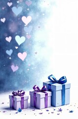 Vertical frame with gift boxes of different sizes, on a white table, on a white lilac purple background of hearts, with space for text on the left, banner, postcard.