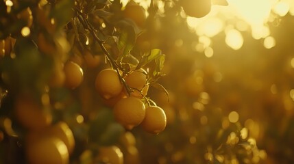 Ripe lemons on a tree branch at sunset.