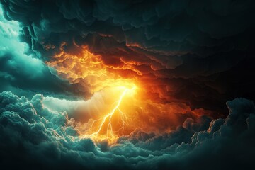 Dramatic storm clouds illuminated by lightning and orange glow create a stunning atmospheric scene.