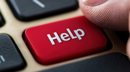 Close-up of finger pressing red 'Help' button on keyboard.
