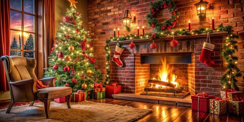 Fototapeta premium Cozy Christmas Fireplace: Festive Fireside Scene, Holiday Warmth, Rule of Thirds Composition