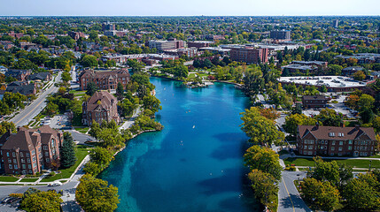 Fototapeta premium Aerial view of a city with a vibrant blue lake.