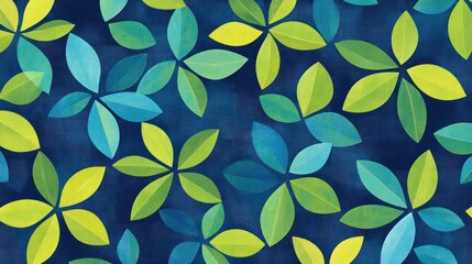 Seamless pattern of stylized teal and lime green leaves on a dark blue background.
