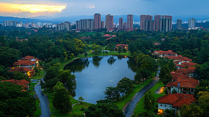 Fototapeta premium Aerial view of a lake surrounded by houses and cityscape at dusk.