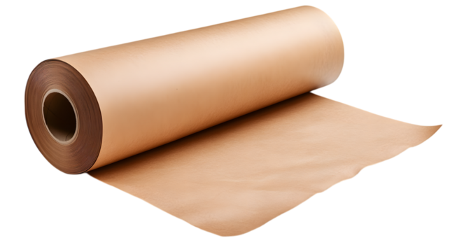 Large roll of brown kraft paper with smooth texture, suitable for crafting, packaging, or artistic projects. Isolated on transparent background