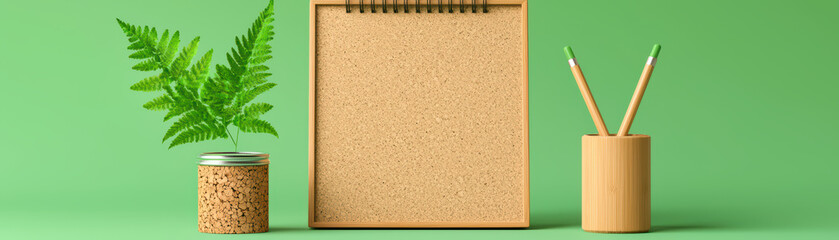 Fototapeta premium close up of corkboard with plant, pencils, and green background, creating fresh and eco friendly workspace