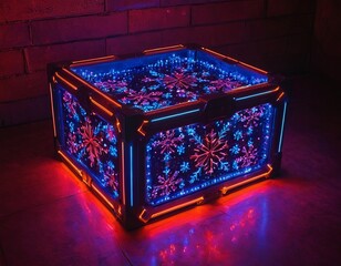 A vibrant, illuminated gift box with intricate snowflake patterns, creating a festive, magical...