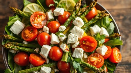 A vibrant spring salad featuring grilled asparagus, juicy cherry tomatoes, and creamy feta cheese cubes