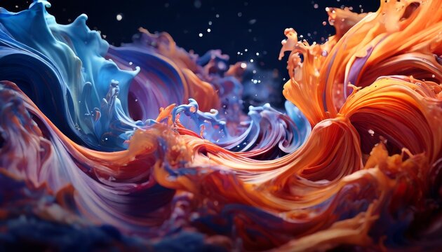 A dynamic mix of blue and orange fluid-like shapes, swirling together in a mesmerizing display. The vivid colors and flowing forms evoke a sense of energy and creativity, making it perfect for