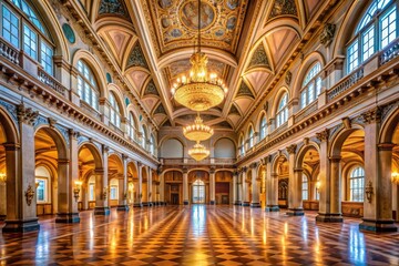 Obraz premium Empty Grand Hall: Majestic Interior, Vast Space, Architectural Detail, High Ceiling, Large Room, Spacious, Empty Room, Cathedral Ceiling, Stone Architecture, Architectural Photography