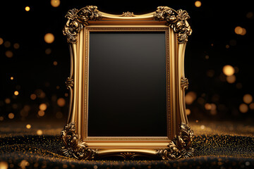 close up of ornate gold frame mock up with blank center, perfect for showcasing art or photos. background sparkles with golden bokeh