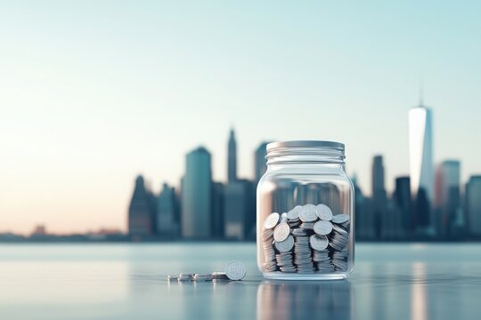 Digital savings jar spilling coins in front of a futuristic city skyline financial growth urban setting modern viewpoint wealth concept