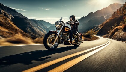 A dynamic image of a motorcyclist riding along a winding road through majestic mountains, bathed in the golden light of the setting sun, capturing the spirit of freedom and adventure.. AI Generation