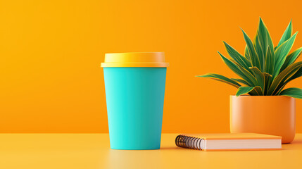 vibrant workspace featuring turquoise cup, yellow lid, notebook, and green plant against orange background