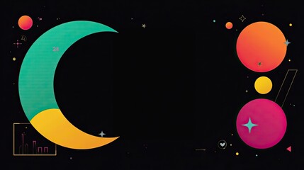 Crescent Moon and Colorful Planets in a Dark Night Sky, Abstract Space Background Design