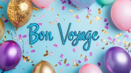 Colorful balloons and confetti surround "Bon Voyage" on a blue background.