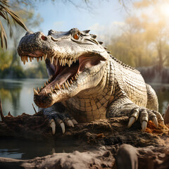 Obraz premium Close-up View of a Large Crocodile Basking in the Sun on a River Bank, with Dense Mangroves in the Background