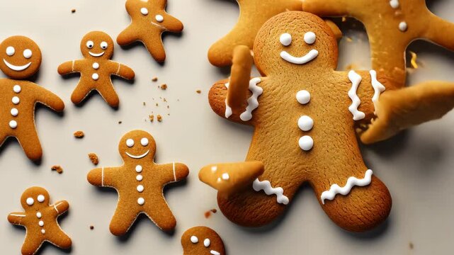 Gingerbread man cookie with a bite taken out of it. The cookie is smiling and has a white frosting on it