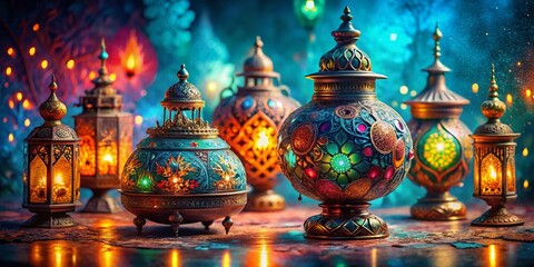 Obraz premium Vibrant Colorful Oil Lamps on Turquoise Background - Surreal Decorative Stock Photo