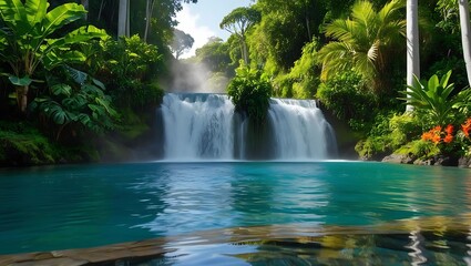 Obraz premium Waterfall in Lush Rainforest with Misty Pool
